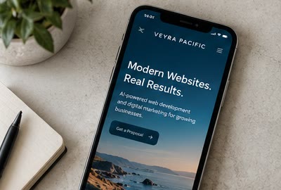 Concept of a mobile-first homepage on a phone resting on a desk